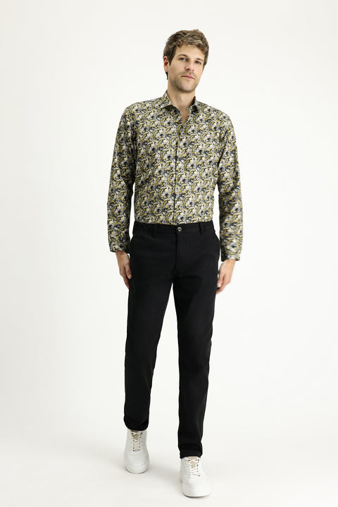 Mustard Yellow Long Sleeve Slim Fit Printed Cotton Shirt