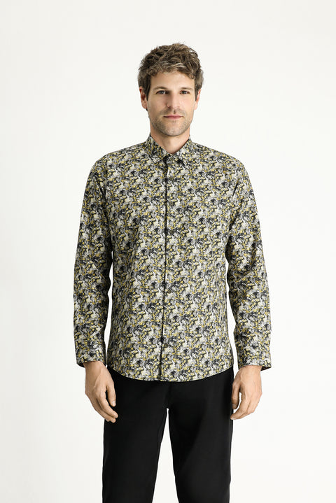 Mustard Yellow Long Sleeve Slim Fit Printed Cotton Shirt