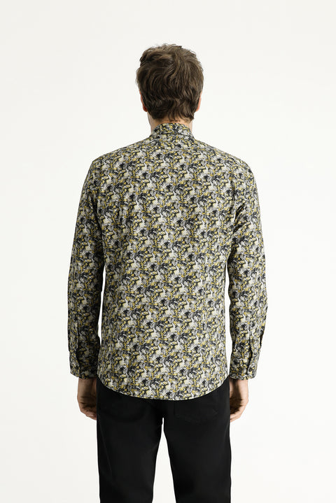 Mustard Yellow Long Sleeve Slim Fit Printed Cotton Shirt