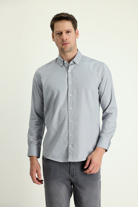Medium Grey Long Sleeve Slim Fit Narrow Cut Oxford Cotton Button-Down Collar Shirt