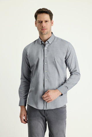  Orta Lacivert Uzun Kol Slim Fit Dar Kesim Oxford Pamuk Düğmeli Yaka Gömlek