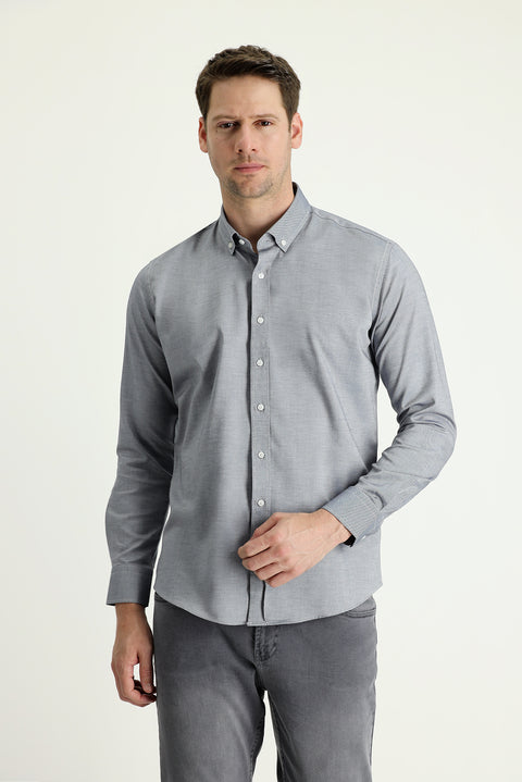 Medium Navy Long Sleeve Slim Fit Oxford Cotton Button-Down Collar Shirt