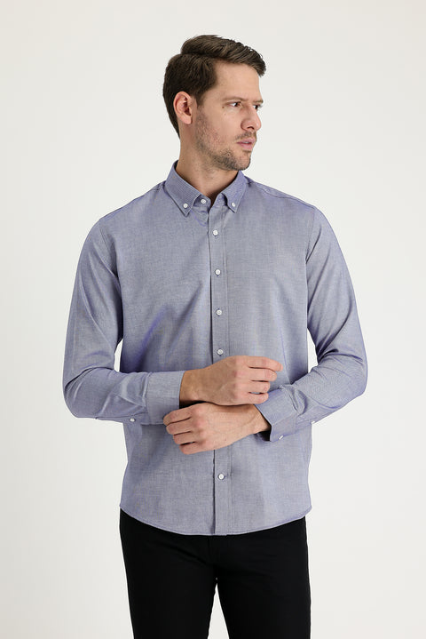 Dark Navy Long Sleeve Slim Fit Narrow Cut Oxford Cotton Button-Down Collar Shirt