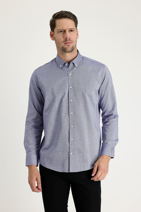 Dark Navy Long Sleeve Slim Fit Narrow Cut Oxford Cotton Button-Down Collar Shirt