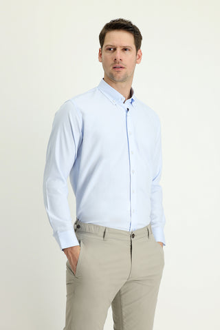  Uçuk Mavi Uzun Kol Slim Fit Dar Kesim Oxford Pamuk Düğmeli Yaka Gömlek