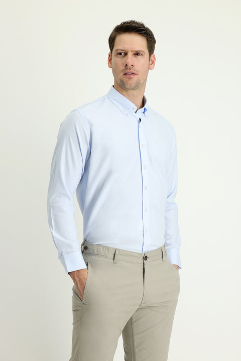 Light Blue Long Sleeve Slim Fit Narrow Cut Oxford Cotton Button-Down Collar Shirt