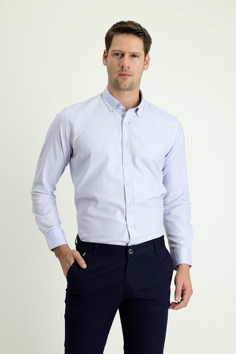 Light Blue Long Sleeve Slim Fit Narrow Cut Oxford Cotton Button-Down Collar Shirt