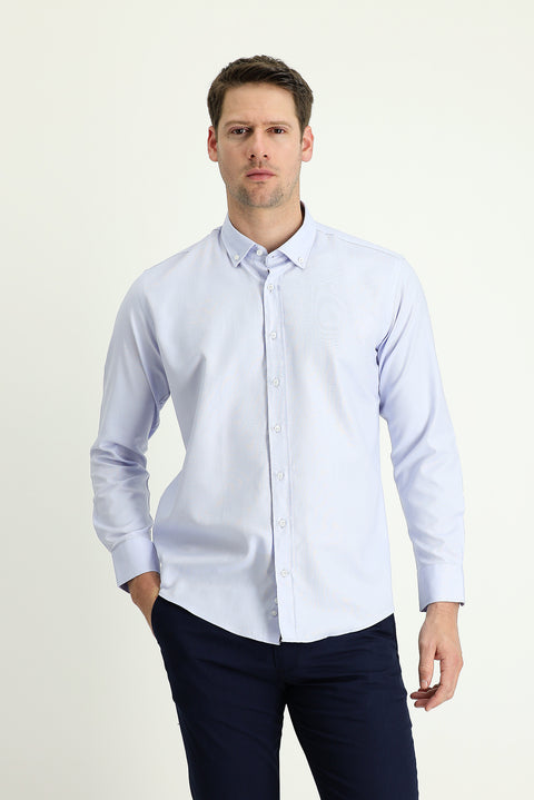 Light Blue Long Sleeve Slim Fit Narrow Cut Oxford Cotton Button-Down Collar Shirt