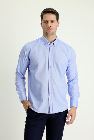  Mavi Uzun Kol Slim Fit Dar Kesim Oxford Pamuk Düğmeli Yaka Gömlek