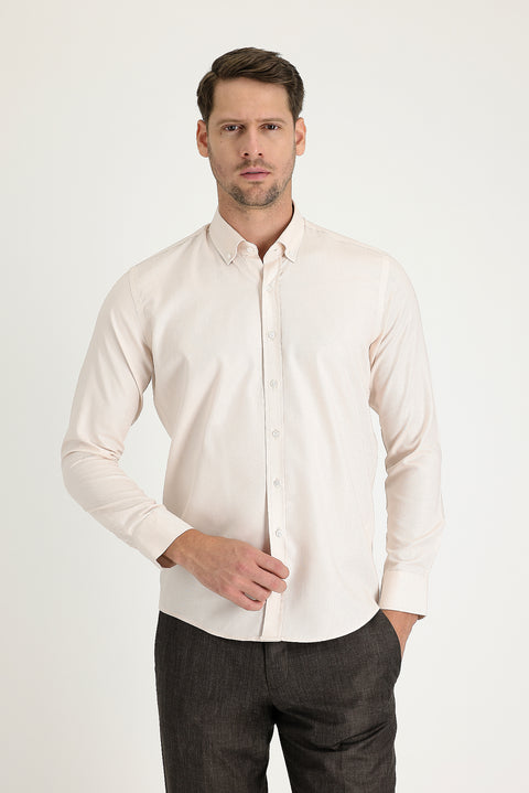 Light Beige Long Sleeve Slim Fit Oxford Cotton Button-Down Collar Shirt
