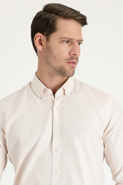 Light Beige Long Sleeve Slim Fit Oxford Cotton Button-Down Collar Shirt