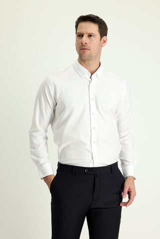  Beyaz Uzun Kol Slim Fit Dar Kesim Oxford Pamuk Düğmeli Yaka Gömlek