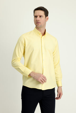  Açık Sarı Uzun Kol Slim Fit Dar Kesim Oxford Pamuk Düğmeli Yaka Gömlek