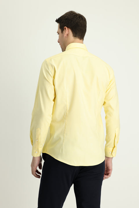 Light Yellow Long Sleeve Slim Fit Narrow Cut Oxford Cotton Button-Down Collar Shirt