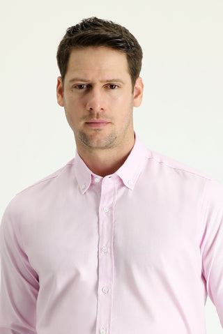  Toz Pembe Uzun Kol Slim Fit Dar Kesim Oxford Pamuk Düğmeli Yaka Gömlek