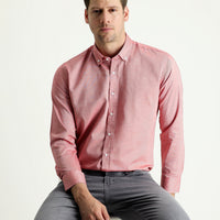 Light Red Long Sleeve Slim Fit Narrow Cut Oxford Cotton Button-Down Collar Shirt