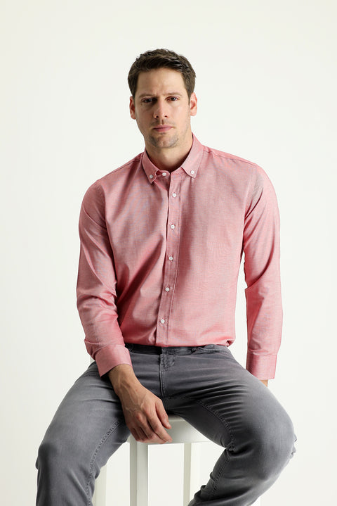 Light Red Long Sleeve Slim Fit Narrow Cut Oxford Cotton Button-Down Collar Shirt
