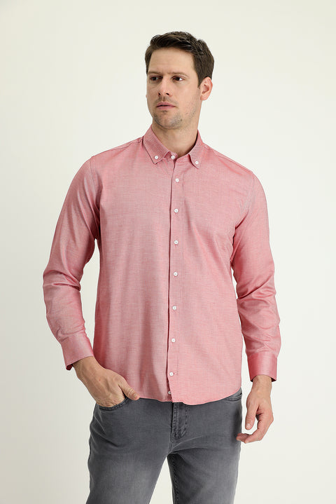 Light Red Long Sleeve Slim Fit Narrow Cut Oxford Cotton Button-Down Collar Shirt
