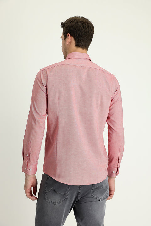 Light Red Long Sleeve Slim Fit Narrow Cut Oxford Cotton Button-Down Collar Shirt