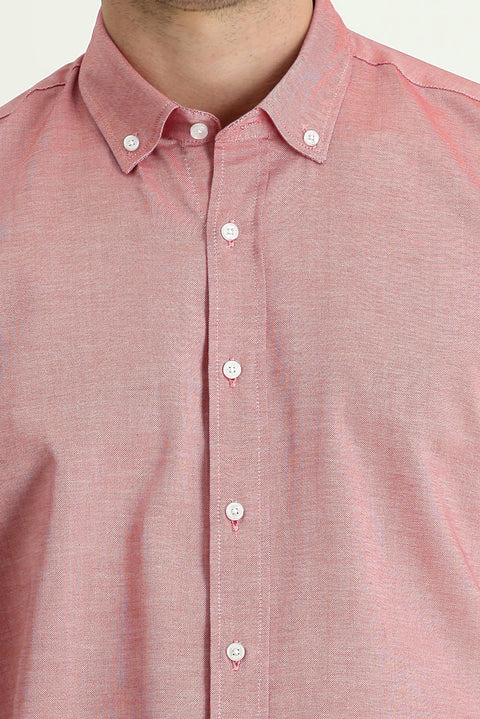 Light Red Long Sleeve Slim Fit Narrow Cut Oxford Cotton Button-Down Collar Shirt