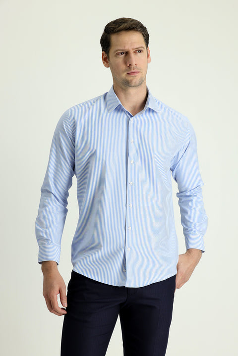 Light Blue Long Sleeve Slim Fit Narrow Cut Classic Patterned Cotton Shirt