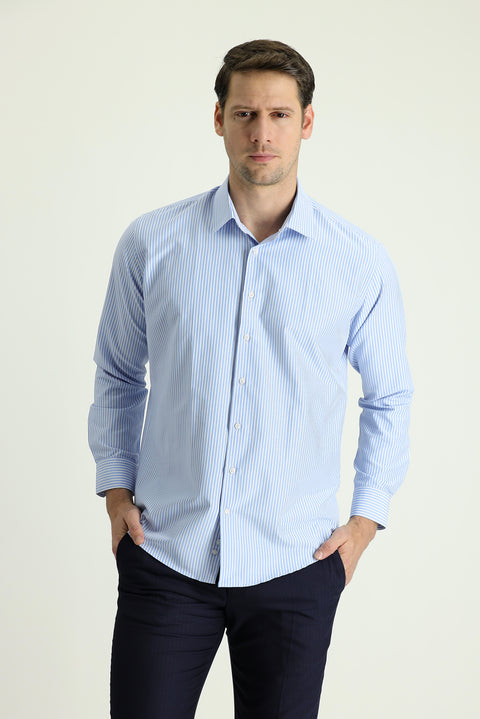 Light Blue Long Sleeve Slim Fit Narrow Cut Classic Patterned Cotton Shirt