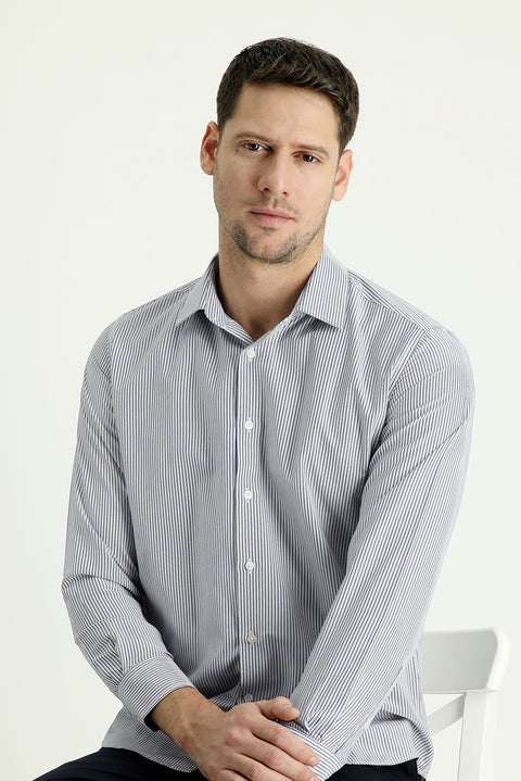 Medium Navy Long Sleeve Slim Fit Narrow Cut Sporty Striped Shirt