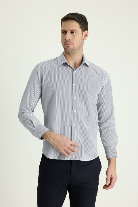 Medium Navy Long Sleeve Slim Fit Narrow Cut Sporty Striped Shirt