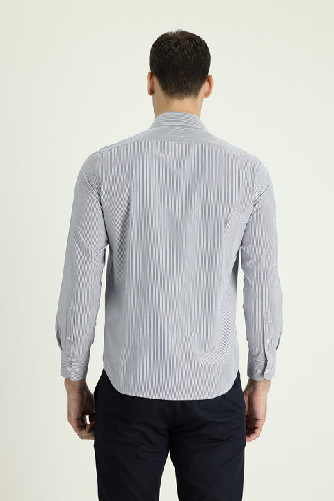 Medium Navy Long Sleeve Slim Fit Narrow Cut Sporty Striped Shirt