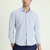 Light Blue Long Sleeve Slim Fit Athletic Striped Cotton Shirt