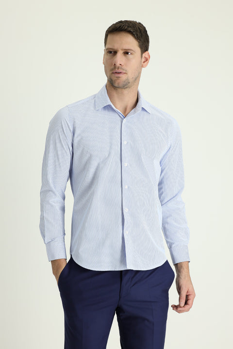 Light Blue Long Sleeve Slim Fit Athletic Striped Cotton Shirt