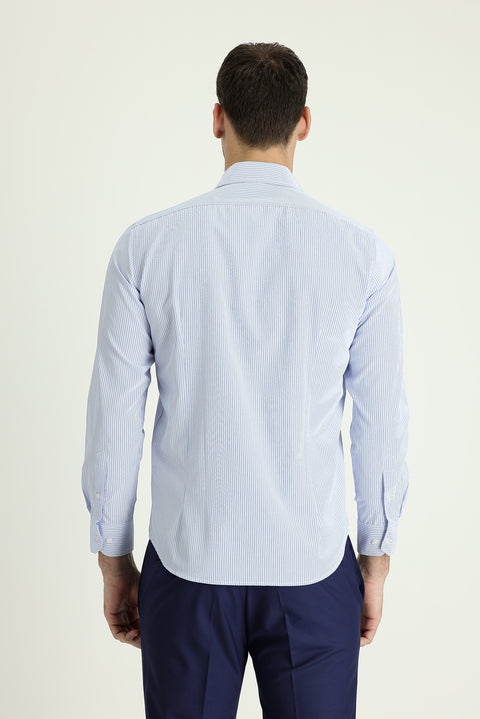 Light Blue Long Sleeve Slim Fit Athletic Striped Cotton Shirt