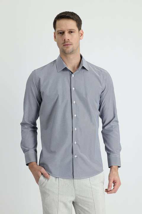 Dark Navy Long Sleeve Slim Fit Classic Striped Cotton Easy-Iron Shirt