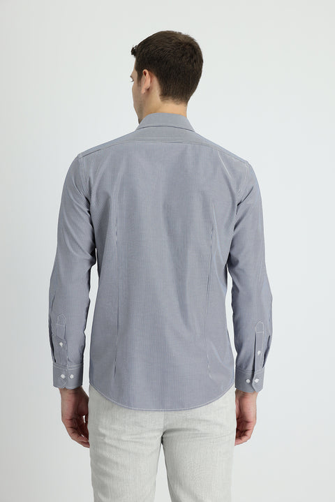 Dark Navy Long Sleeve Slim Fit Classic Striped Cotton Easy-Iron Shirt