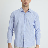 Light Blue Long Sleeve Slim Fit Narrow Cut Classic Striped Cotton Easy Iron Shirt