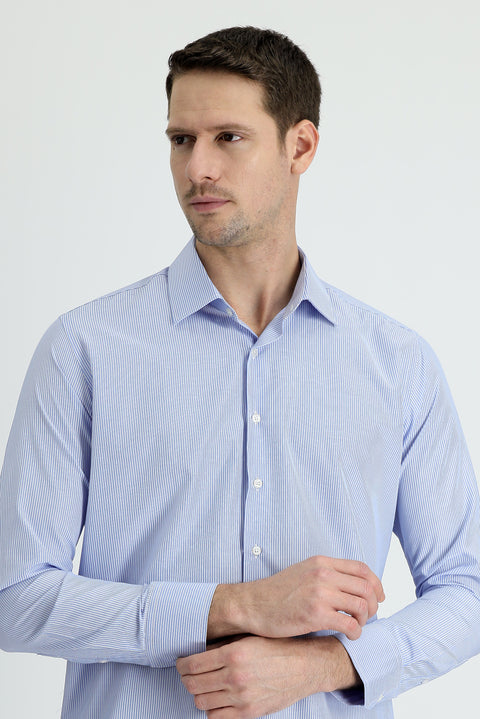 Light Blue Long Sleeve Slim Fit Narrow Cut Classic Striped Cotton Easy Iron Shirt