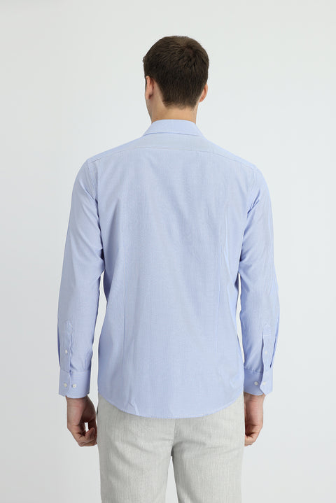 Light Blue Long Sleeve Slim Fit Narrow Cut Classic Striped Cotton Easy Iron Shirt