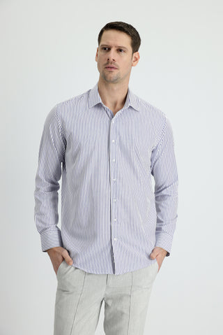  Orta Lacivert Uzun Kol Slim Fit Dar Kesim Çizgili Pamuklu Gömlek