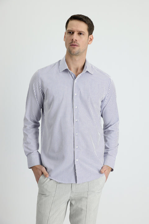 Medium Navy Long Sleeve Slim Fit Striped Cotton Shirt
