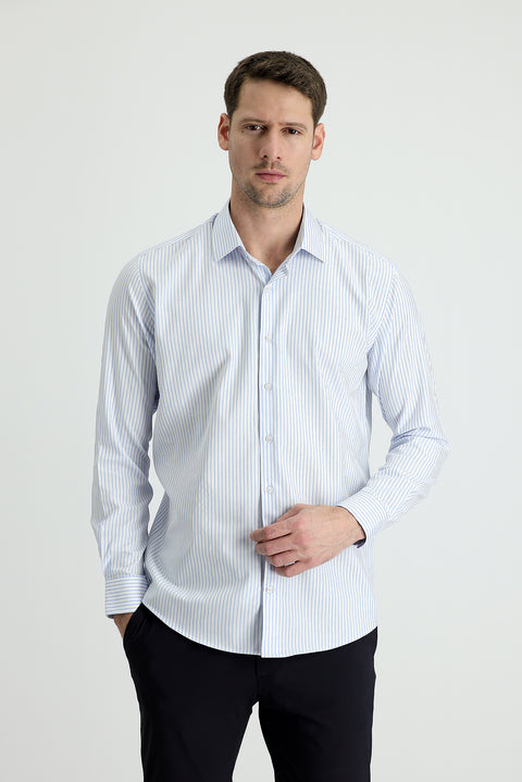 Light Blue Long Sleeve Slim Fit Striped Cotton Shirt