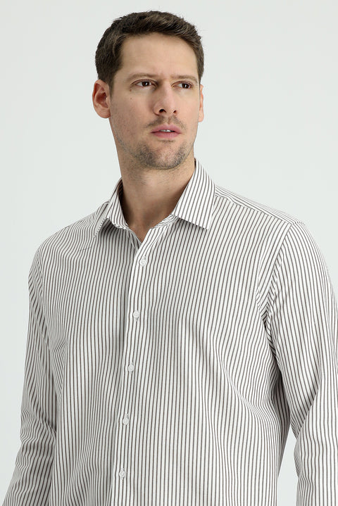 Medium Khaki Long Sleeve Slim Fit Striped Cotton Shirt