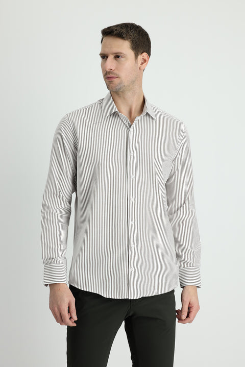 Medium Khaki Long Sleeve Slim Fit Striped Cotton Shirt