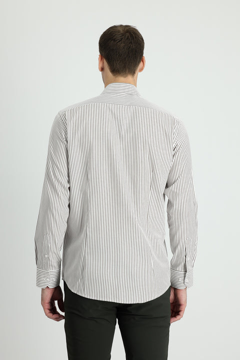 Medium Khaki Long Sleeve Slim Fit Striped Cotton Shirt