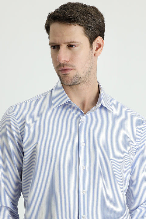 Açık Mavi Uzun Kol Slim Fit Dar Kesim Çizgili Pamuklu Gömlek