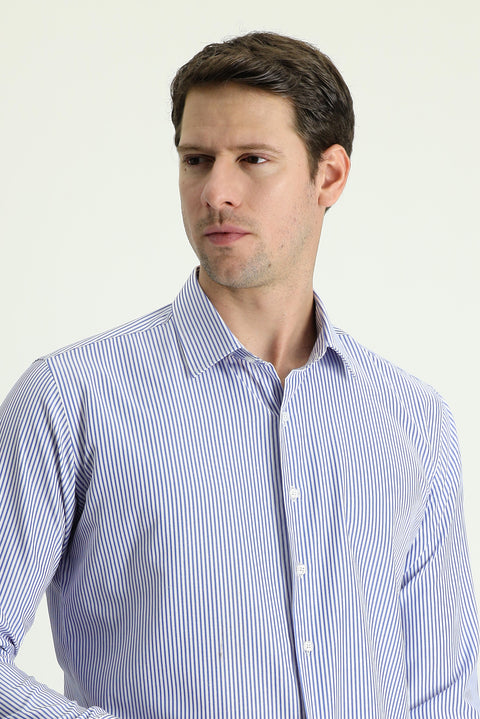 Dark Blue Long Sleeve Slim Fit Striped Cotton Shirt