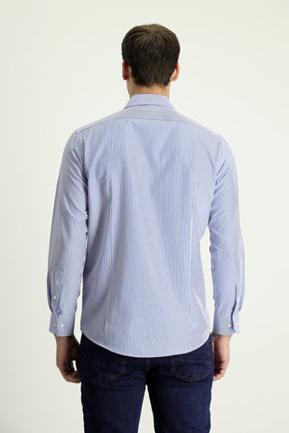  Koyu Mavi  Uzun Kol Slim Fit Dar Kesim Çizgili Pamuklu Gömlek