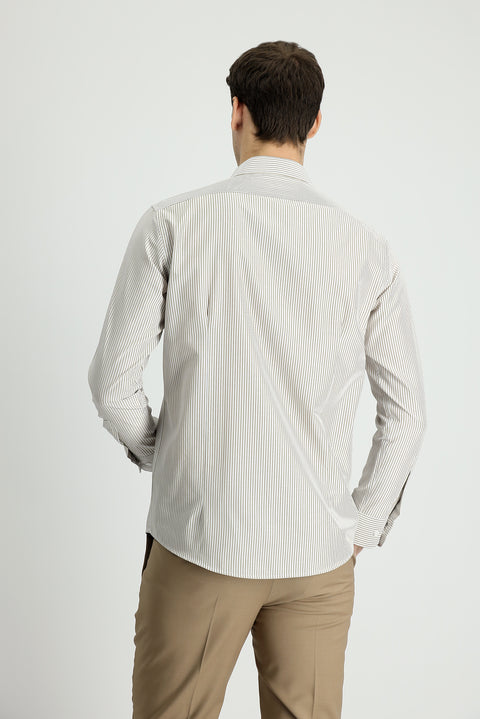 Light Beige Long Sleeve Slim Fit Striped Cotton Shirt