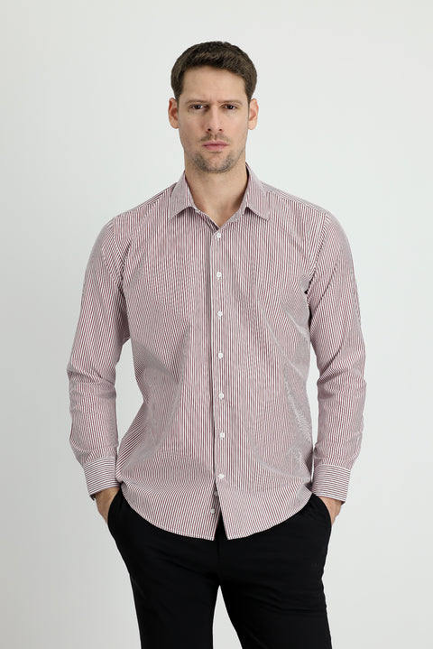 Light Burgundy Long Sleeve Slim Fit Striped Cotton Shirt