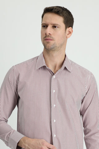  Açık Bordo Uzun Kol Slim Fit Dar Kesim Çizgili Pamuklu Gömlek