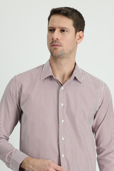 Light Burgundy Long Sleeve Slim Fit Striped Cotton Shirt